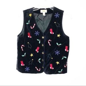 Vintage Talbots Christmas Black Velvet Embroidered Vest Sz SP